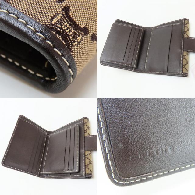 【中古】 セリーヌ 二つ折り財布 マカダム キャンバス レザー ベージュ ダークブラウン コンパクト Wホック レディース 女性 CELINE CELINE（セリーヌ） 中古 二つ折り財布 マカダム キャンバス レザー