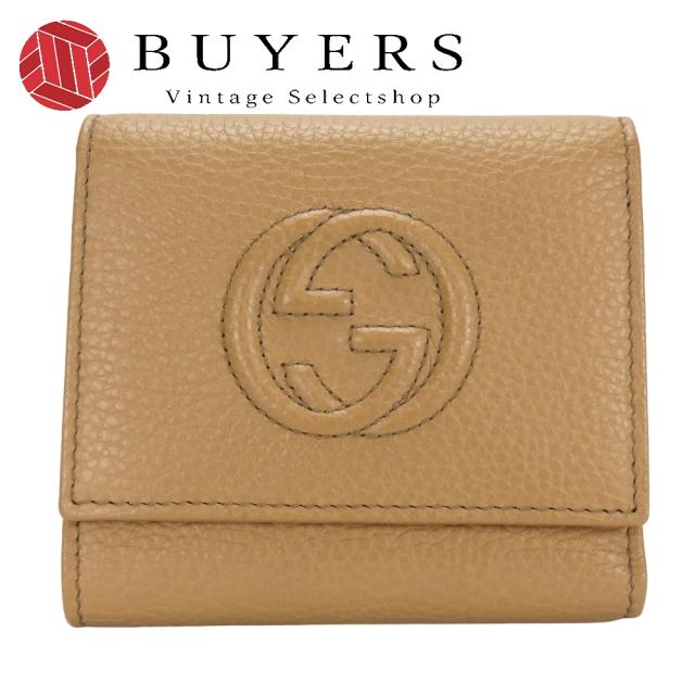 中古 グッチ 三つ折り財布 598207 インターロッキング Wホック レザー ベージュ 小物 レディース 女性 GUCCI