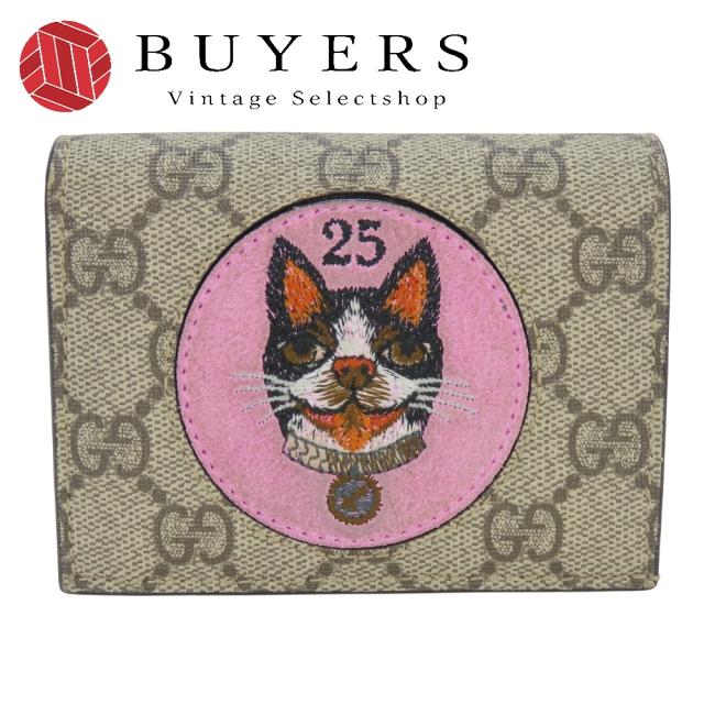 中古 グッチ 二つ折り財布 ボスコ 506277 GGスプリームキャンバス ベージュ ピンク レッド コンパクト ワッペン 犬 レディース 女性 GUCCI