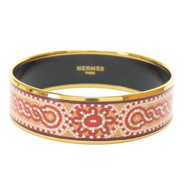 希少 HERMES バングル エマイユ 七宝焼 ロゴ柄 ピンク×ゴールド 中古 エルメス バングル エマイユGM モザイク柄 メタル エナメル