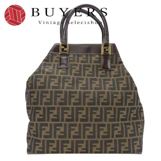 中古 フェンディ トートバッグ ズッカ 15385 キャンバス レザー ブラウン 縦型 レディース 女性 FENDI