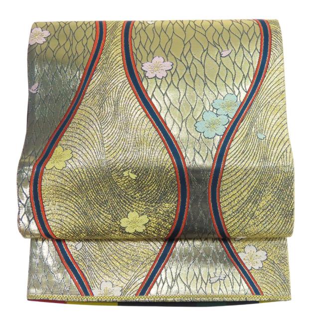 中古 袋帯 立涌に桜 正絹(金銀糸除く) ゴールド ネイビー えんじ フォーマル 振袖 リバーシブル 和装 呉服 和服 きもの レディース 女性_1