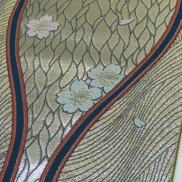 中古 袋帯 立涌に桜 正絹(金銀糸除く) ゴールド ネイビー えんじ フォーマル 振袖 リバーシブル 和装 呉服 和服 きもの レディース 女性_3