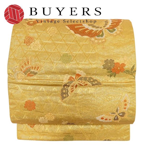 【中古】 袋帯 籠目地紋 正絹(金銀糸除く) ゴールド 礼装用 フォーマル 結婚式 和装 呉服 和服 きもの レディース 女性 袋帯 フォーマル 未使用 正絹 手刺繍 金糸 銀箔地 ホワイトシルバー