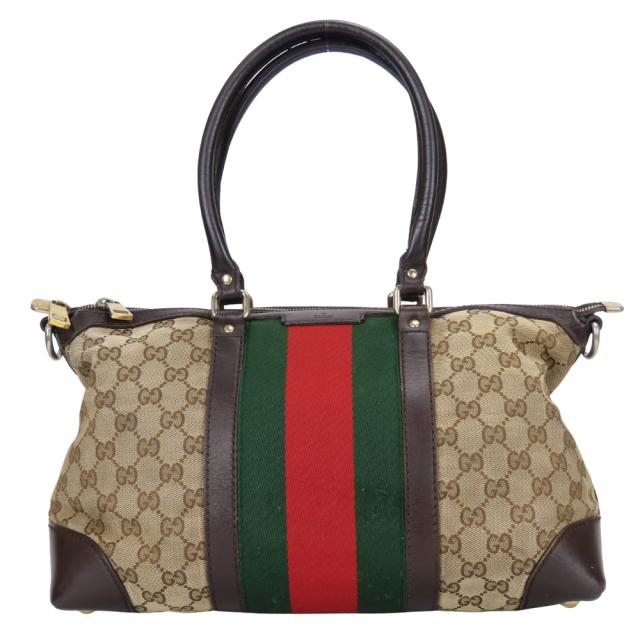 中古 グッチ ハンドバッグ シェリーライン 257341 GGキャンバス レザー ベージュ ダークブラウン レディース 女性 GUCCI