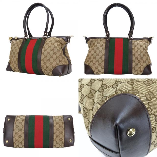 中古 グッチ ハンドバッグ シェリーライン 257341 GGキャンバス レザー ベージュ ダークブラウン レディース 女性 GUCCI