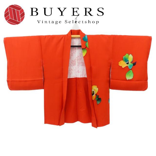 中古 羽織 正絹 レッド グリーン マルチカラー しつけ糸あり レトロ お洒落 和装 呉服 和服 きもの レディース 女性