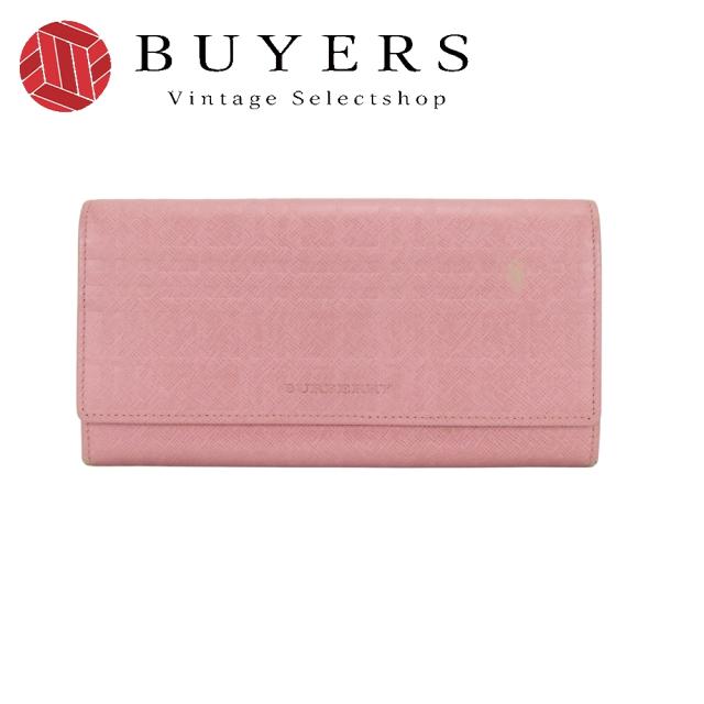 中古 バーバリー 長財布 レザー ピンク がま口 チェック柄 レディース 女性 BURBERRY