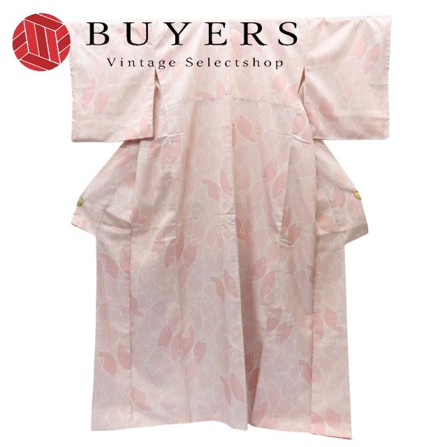 中古 紬 正絹 着丈約163cm 裄丈約66cm ピンク系 ホワイト ハギレ付き 和装 呉服 和服 きもの レディース 女性