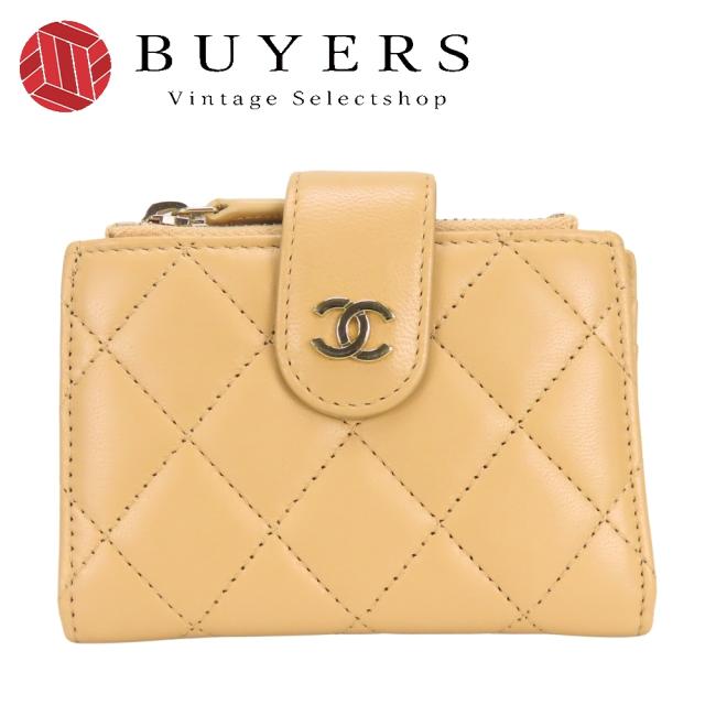 中古 シャネル コインケース マトラッセ コンパクトウォレット カードケース ラムスキン ベージュ ゴールド金具 31番台 ココマーク 小物 レディース 女性 CHANEL