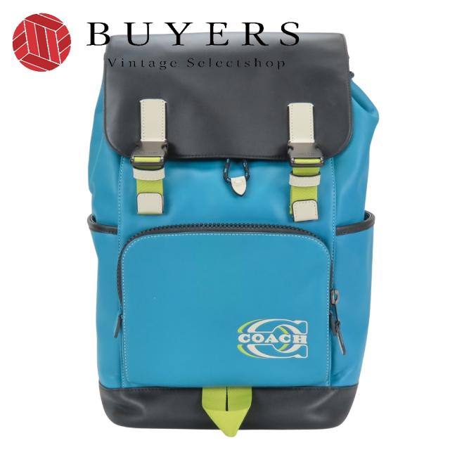 中古 コーチ リュック・デイパック トラック CJ659 カラーブロック レザー ブルー ブラック メンズ 男性 COACH