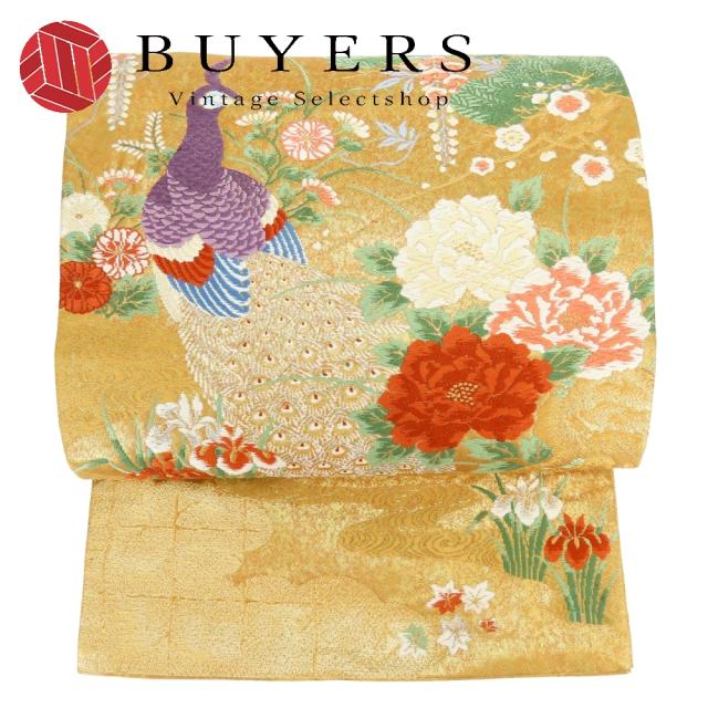 中古 袋帯 西陣 引泊 正絹(金銀糸除く) ゴールド マルチカラー 孔雀 牡丹 和装 呉服 和服 きもの レディース 女性 8,580円