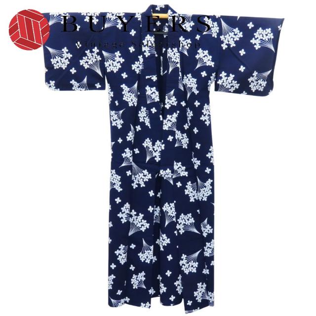 中古 浴衣 綿 着丈約156.5cm 裄丈約64cm ネイビー ホワイト 注染 和装 呉服 和服 きもの レディース 女性