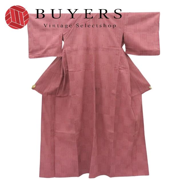 中古 紬 単衣 正絹 着丈約162.5cm 裄丈約64cm えんじ 和装 呉服 和服 きもの レディース 女性