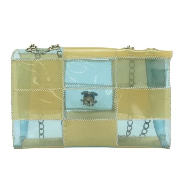 中古 シャネル ショルダーバッグ チョコバー ココマーク PVC クリアベージュ クリアライトブルー 斜め掛け 肩掛け 5番台 Wチェーン クリアバッグ レディース 女性 CHANEL_3