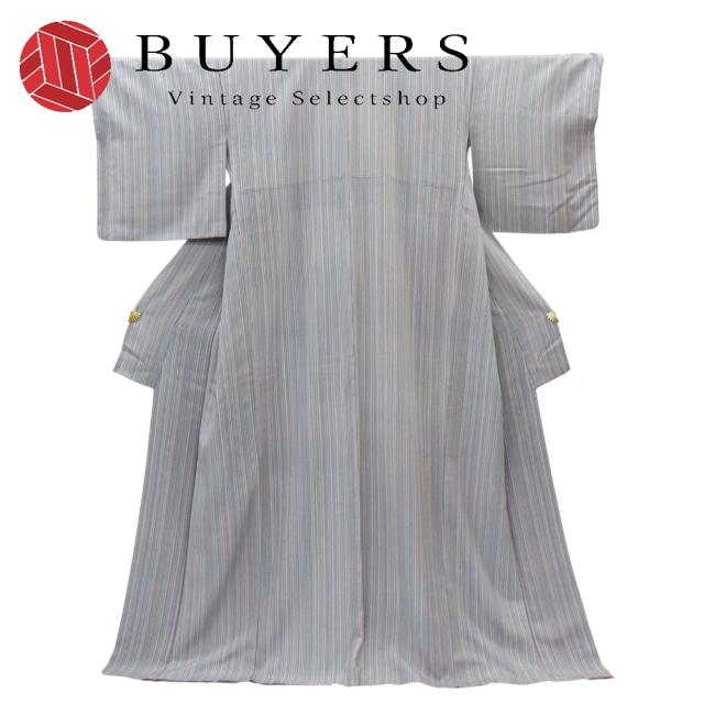 中古 美品 小紋 しつけ糸あり 正絹 着丈約168cm 裄丈約68cm グレー パープル 縦縞 モダン お洒落 和装 呉服 和服 きもの レディース 女性
