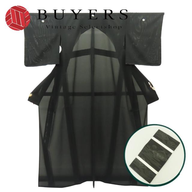 中古 美品 喪服 名古屋帯セット 絽 檳榔子黒 正絹(金銀糸除く) 着丈約158cm 裄丈約63cm ブラック 皇室献上絹 五つ紋 未使用品 和装 呉服 和服 きもの レディース 女性