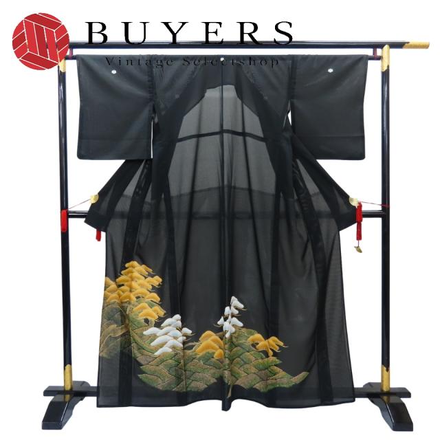 中古 留袖 絽 化学繊維 着丈約160cm 裄丈約66cm 黒 ゴールド 夏物 松 五つ紋 和装 呉服 和服 きもの レディース 女性