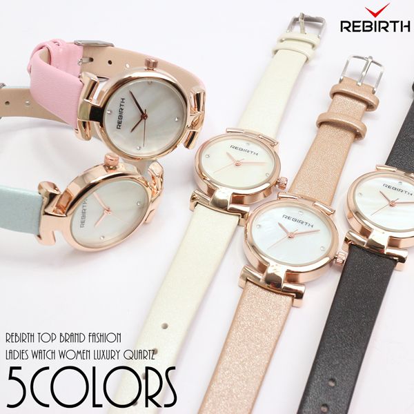 【REBIRTH リバース】セイコームーブメント 日常生活防水 細身の上品なレザーベルト ポイントストーン 丸形 シンプルデザイン RB021 レディース腕時計 送料無料の通販は 4,500円