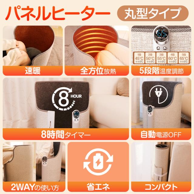 パネルヒーター ラウンド型 速暖 5段温度調節 ヒーター 足元 オフィス
