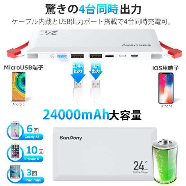 モバイルバッテリー スマホ充電器 ケーブル内蔵 大容量 24000mAh 小型 急速充電器 残量表示 4台同時充電 携帯充電器  iPhone/Android 各種対応 感謝セールの通販はau PAY マーケット - Mikirona | au PAY マーケット－通販サイト