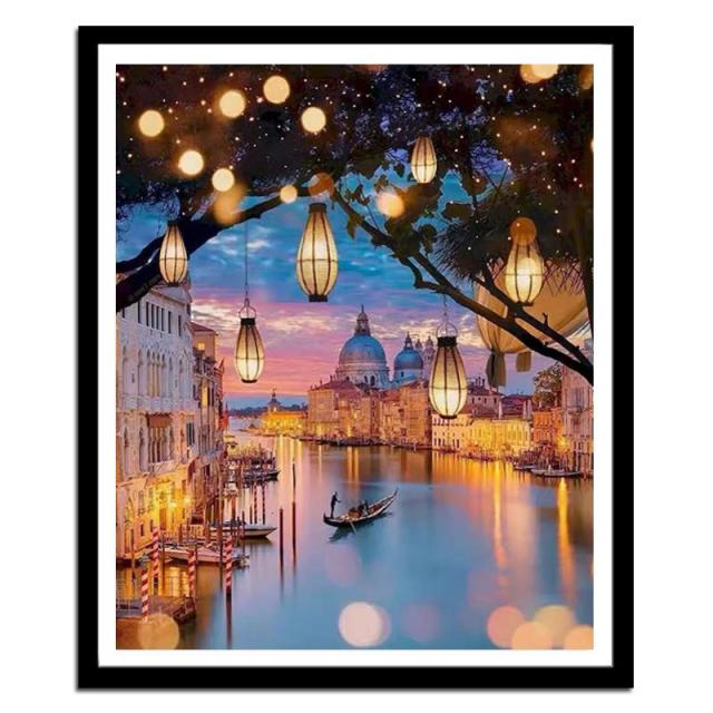 5D ダイヤモンドアート ヨーロッパ 城 川 ランタン 夜景 癒し キット