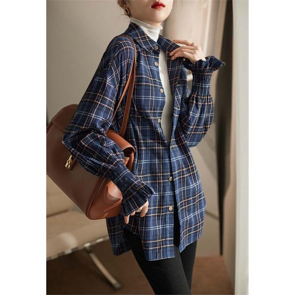 シャツ レディース 長袖 ブラウス ロング丈 トップス チェック柄 前開き 薄手 ゆったり シンプル カジュアル 春秋 おしゃれ ルームウエア 大人
