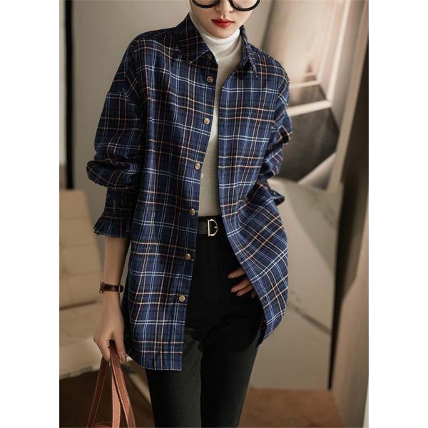 シャツ レディース 長袖 ブラウス ロング丈 トップス チェック柄 前開き 薄手 ゆったり シンプル カジュアル 春秋 おしゃれ ルームウエア 大人