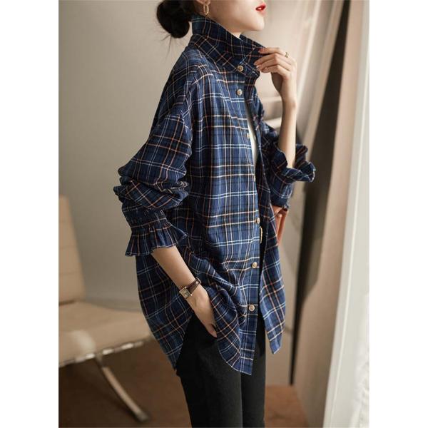 シャツ レディース 長袖 ブラウス ロング丈 トップス チェック柄 前開き 薄手 ゆったり シンプル カジュアル 春秋 おしゃれ ルームウエア 大人