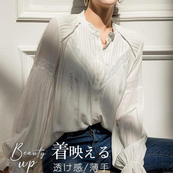 ブラウス 夏 レディース レース付き レース襟 トップス バルーン袖 サマーブラウス プルオーバー シャツ 長袖シャツ 透け感 薄手 白 フォーマルの通販は