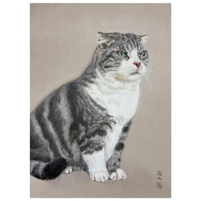 画家 田中茂 絵画 No.0049 NEKO-4(ベージュ日本画風) 額装付き【油絵、キャンバス F4(333×242mm)】【絵 油彩 額入 アート インテリア 壁 壁掛け 小作品 プレゼント 誕生日 内祝 御祝 結婚祝 引越祝 新生活 ギフト】_1