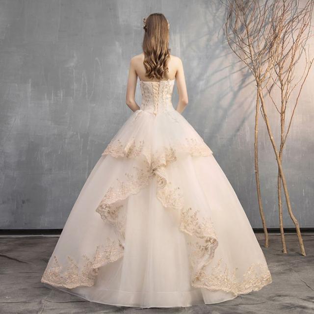 ウェディングドレス ロングドレス レース シャンパン パーティードレス プリンセスドレス エンパイアライン ビスチェ 二次会 花嫁ドレス 結婚式 演奏会 発表会 ウェディングドレス シャンパン オフホワイト 二次会ドレス