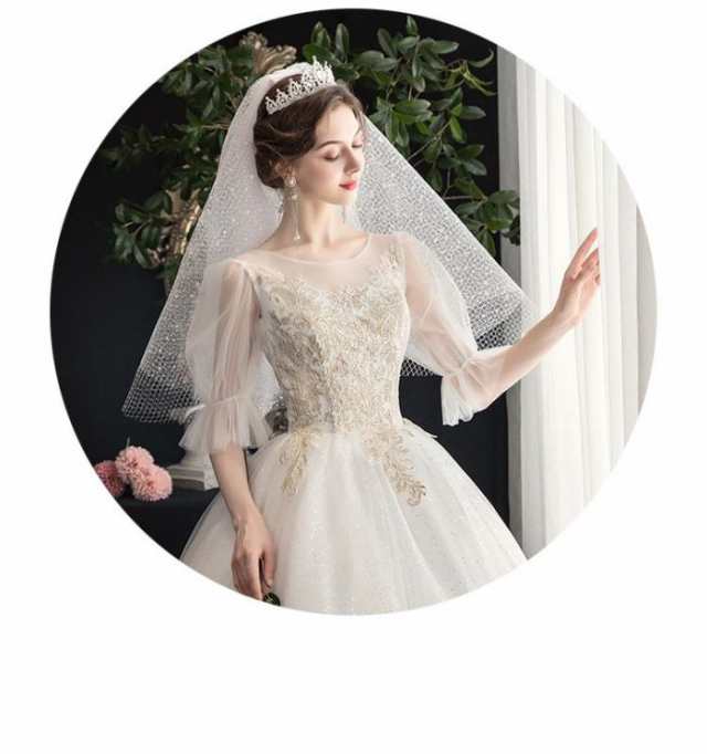 ウェディングドレス ロングスリーブ ホワイト ラウンドネック 花