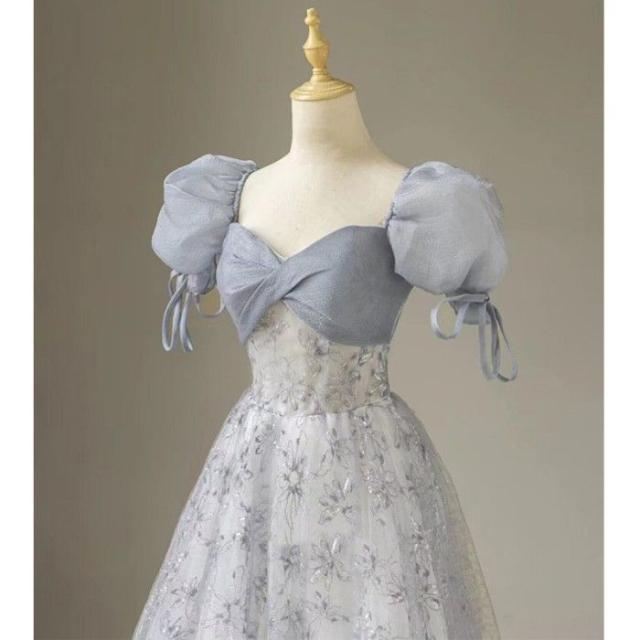 イブニングドレレス 卒業式 エレガント ドレス ブルー 青色 ロングドレス ワンピース 花柄 森ガール系 春 夏 秋 新作品 イブニングドレレス 卒業式 エレガント ドレス ブルー 青色 ロング