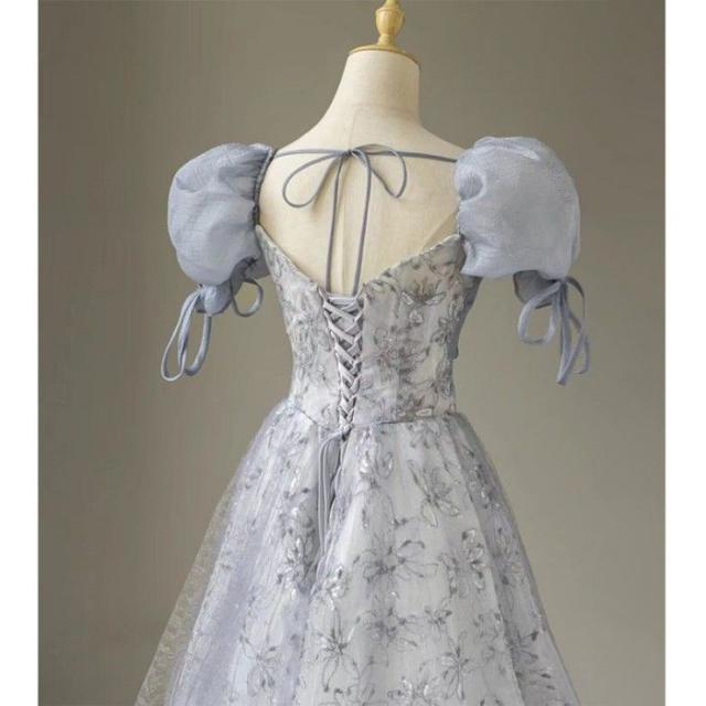 イブニングドレレス 卒業式 エレガント ドレス ブルー 青色 ロング