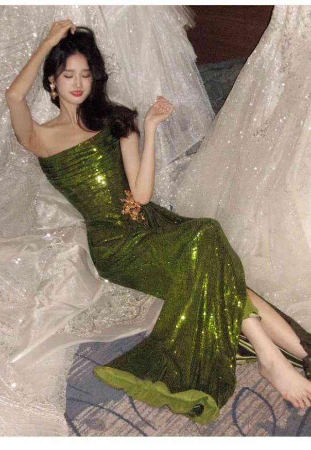 イブニングドレレス セクシー グリーン 着?せ ビーズ刺? 花柄 ドレス 緑色 ロングドレス ワンピース キラキラ 森ガール系 春 夏 秋 新作品_2