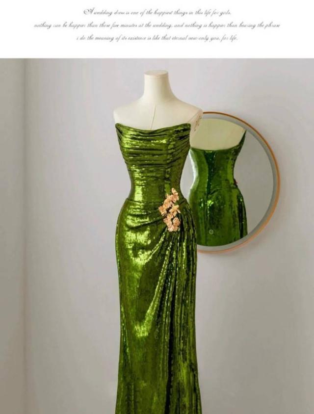 イブニングドレレス セクシー グリーン 着?せ ビーズ刺? 花柄 ドレス