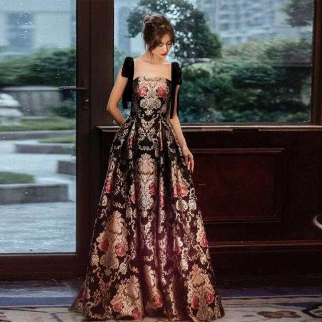 イブニングドレレス ブラック 着?せ エレガント 花柄 ドレス 可愛い ラインドレス ロングドレス ワンピース 春夏 新作品