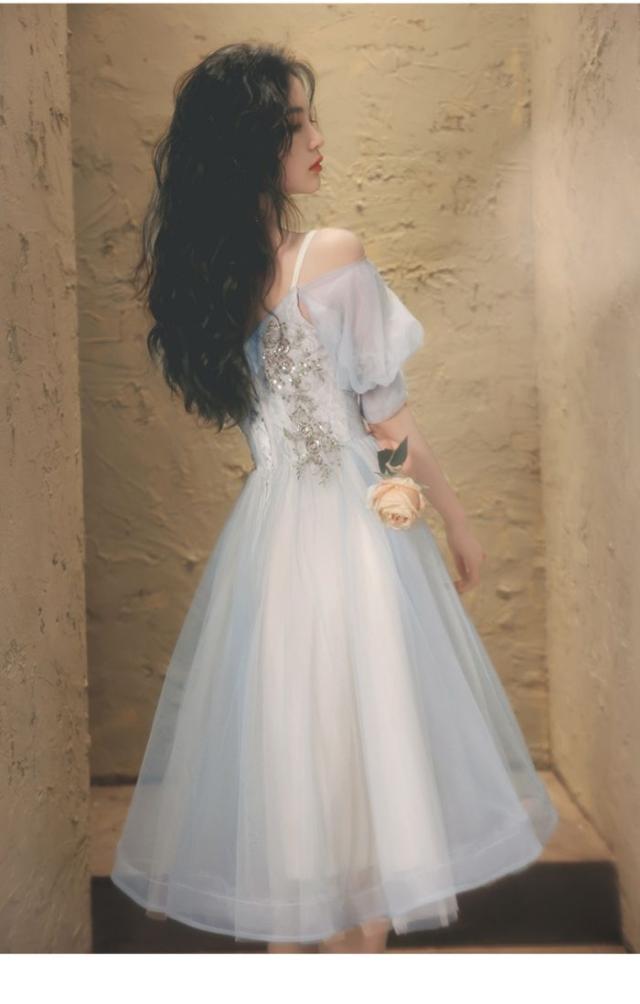 イブニングドレス レディース 乙女風 ブルー系 写真を撮る パーティー