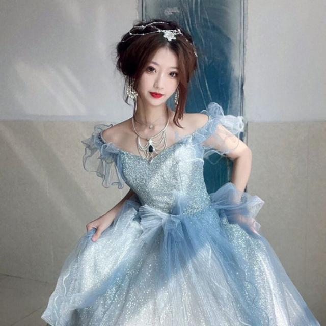 ブルーイブニングドレスレディース2024ライトラグジュアリーワンショルダー学生成人式フレンチバンケットドレス ブルーイブニングドレスレディース2024ライトラグジュアリーワン