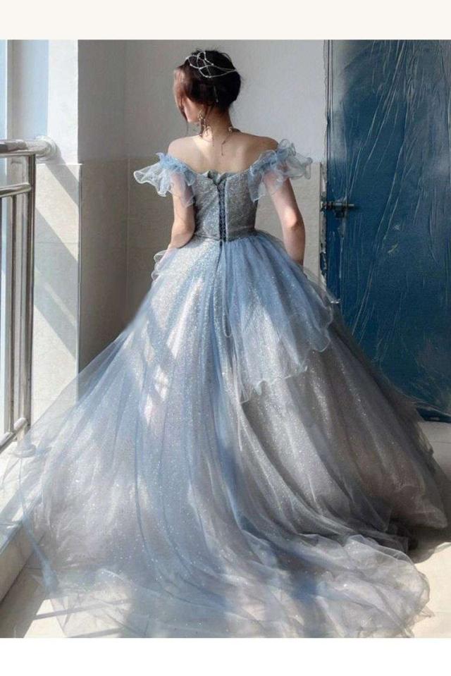 ブルーイブニングドレスレディース2024ライトラグジュアリーワン