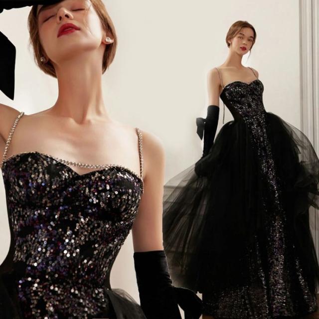 黒いドレスキラキラバンドゥパーティー ディナー ステージパフォーマンス キャットウォークのホスト ウェディングドレス イブニングドレスの通販は