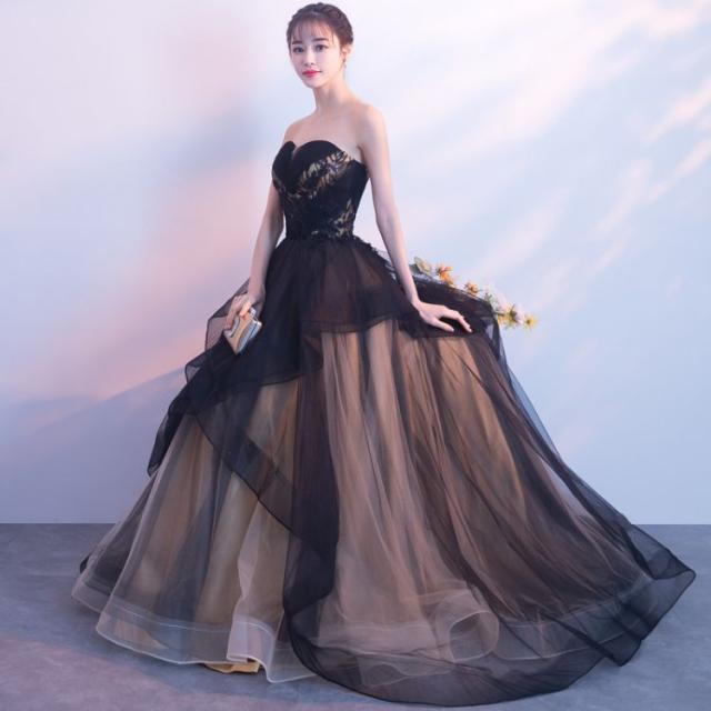 イブニングドレスレディース2024年新品結婚式忘年会レディースエレガントロング黒気質セレブキャットウォークホストドレススカートウェディングドレス_1