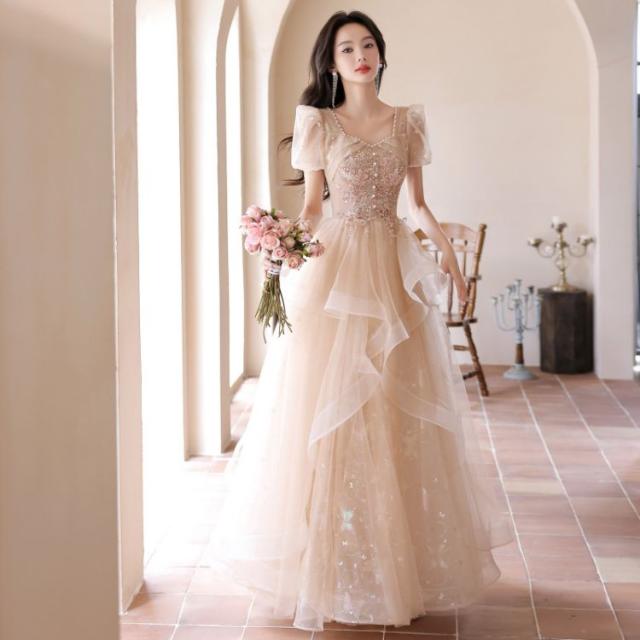 フレンチイブニングドレス 女性 成人式 プリンセスドレス パフォーマンスドレス バンケット スーパーフェアリーライトヤーン ボーカルミュージック アートテスト シャンパンドレス