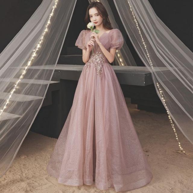 イブニングドレスシンプル新作品ピンクビーズ刺?ドレスロングドレスフランス雰囲気 パーティー成人式大人気