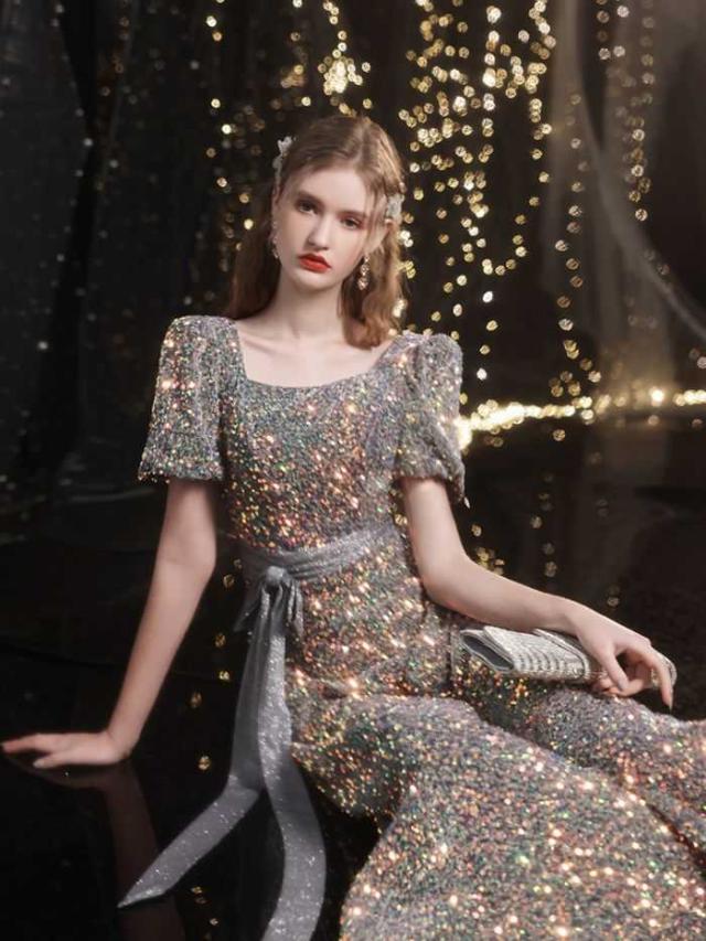 バンケットスパンコールイブニングドレス グレー ドレスレディース 2024 気質 エレガント ロングドレス パーティー成人式大人気