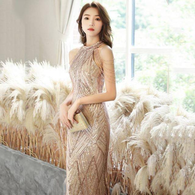 イブニングドレス マーメイド レディースドレス 金色 着?せ 2024 新しい セクシー ロングドレス タッセル パーティー成人式大人気