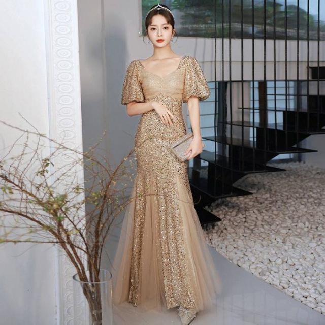 イブニングドレス バンケットスパンコール マーメイドドレス 金色 キラキラ 着?せ 2024 新しい ロングドレス 演奏会 エレガント パーティー 成人式 イブニングドレス バンケットスパンコール マーメイドドレス 金色