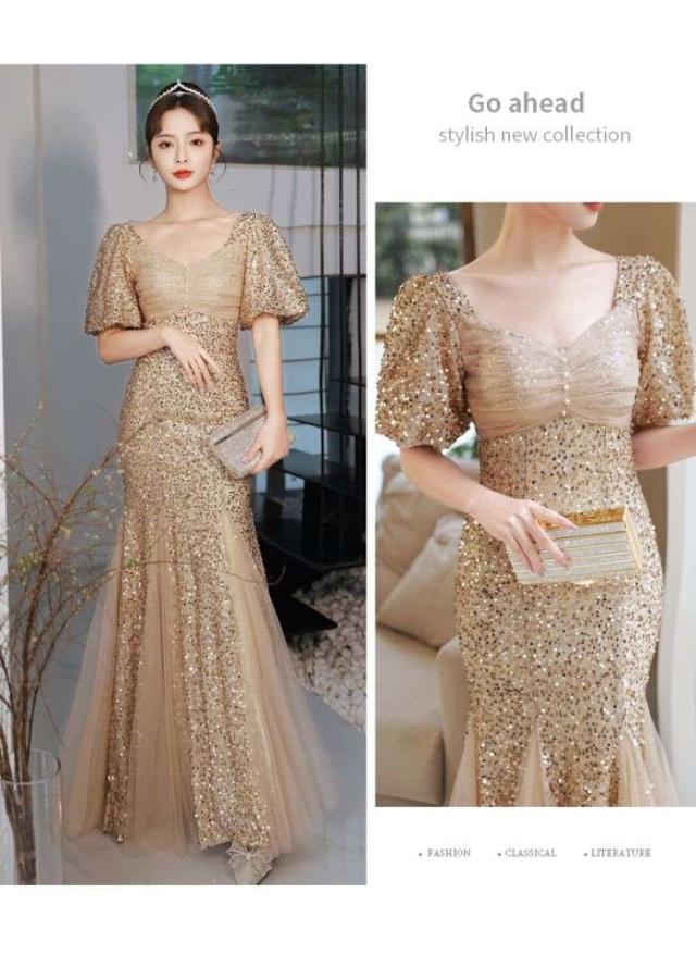 イブニングドレス バンケットスパンコール マーメイドドレス 金色