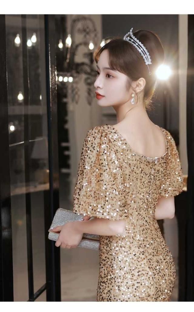 イブニングドレス バンケットスパンコール マーメイドドレス 金色